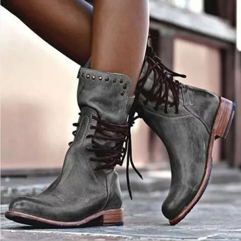 Retro Women Mid Tube Boots Western Cowboy Motorcycle Mid Length Heel Boots British Rome Style Ladies Pu Leather Knight Shoes