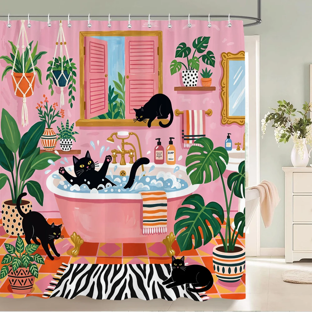 Funny Cat Shower Curtain Boho Cute Fun Black Cats in Bathtub Green Tropical Plant Leaves Hilarious Pet Bathroom Decor with Hooks
