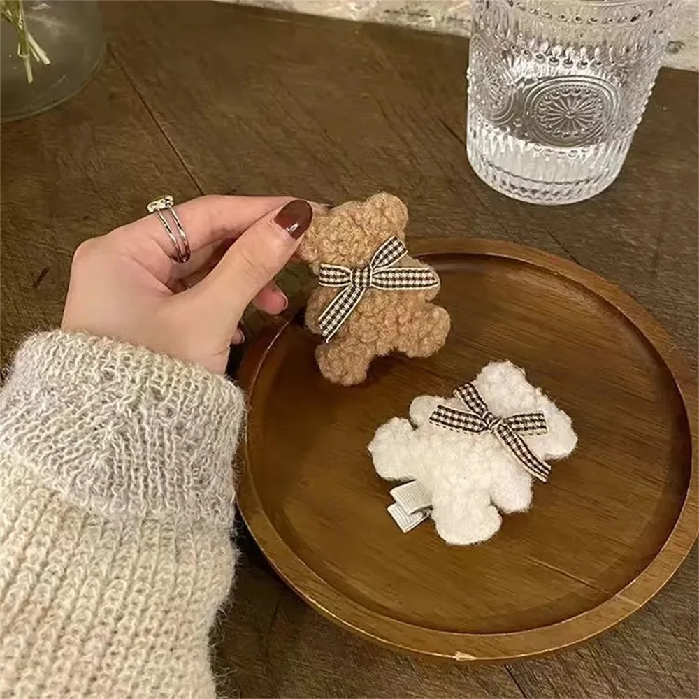 Cute Plush Bear Hair Clip Sweet Coffee Color Hairpin Hair Accessories Winter Bowknot Bear Barrettes Fashion Jewelry for Women