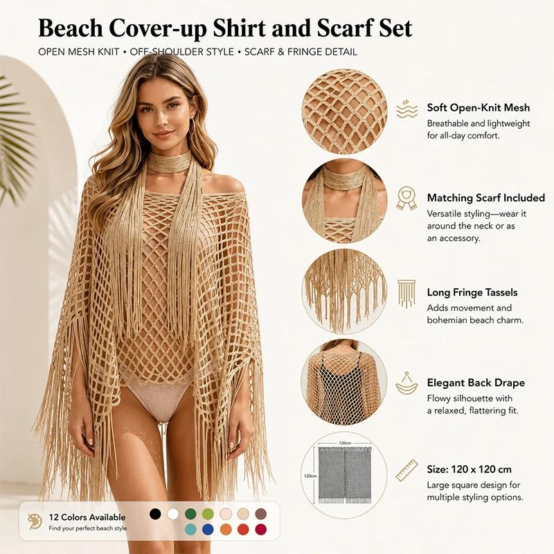 Fashion Women's Hollow Out Sun Protection Shawl Scarf Set Crochet Tassel Beach Cover Up Poncho Shawl Pullover Beachwear