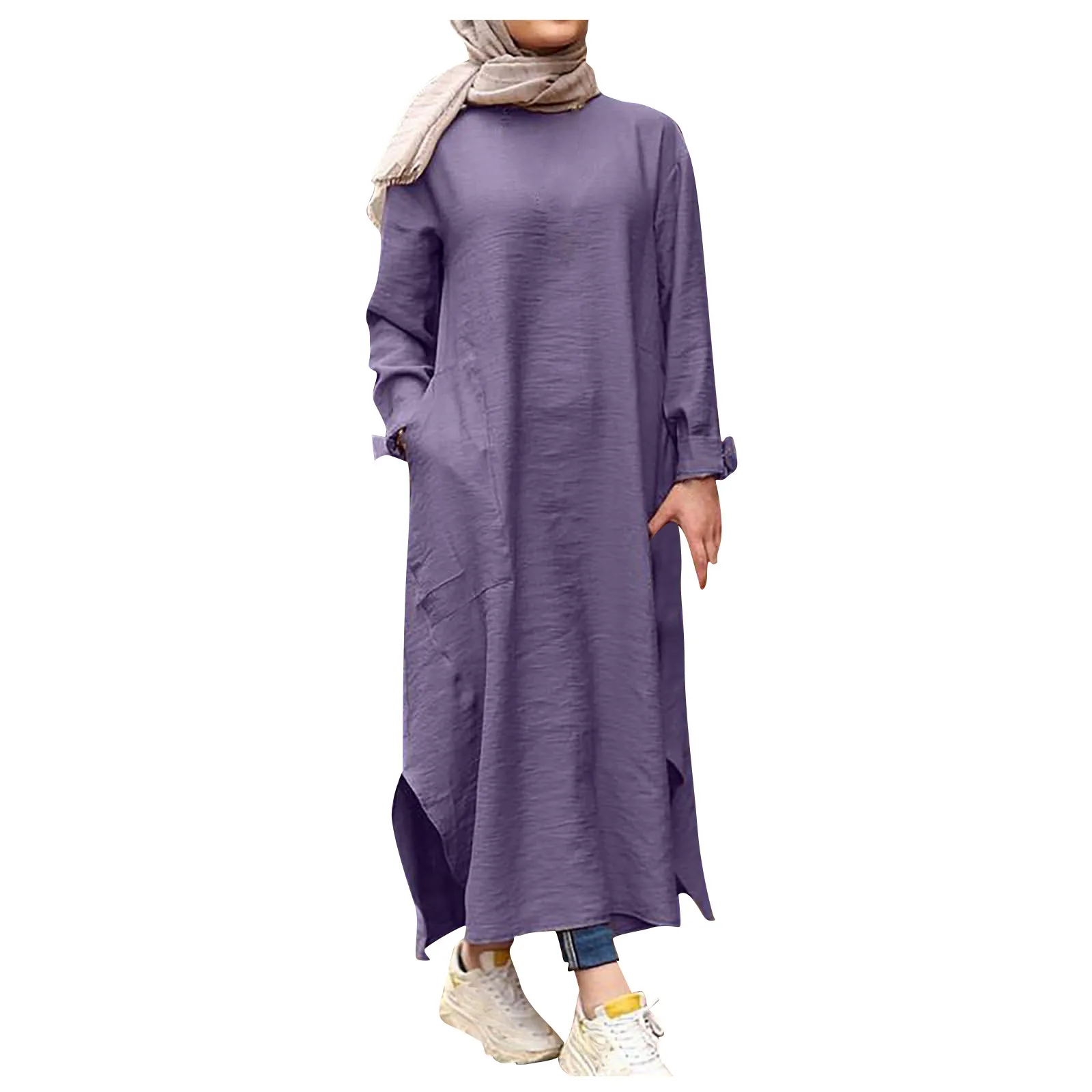 Frauen Retro Abaya lässig Rundhals ausschnitt Langarm Kleid Abaya Robe mit Taschen Frühling einfarbig lose Saum Schlitz Maxi kleider