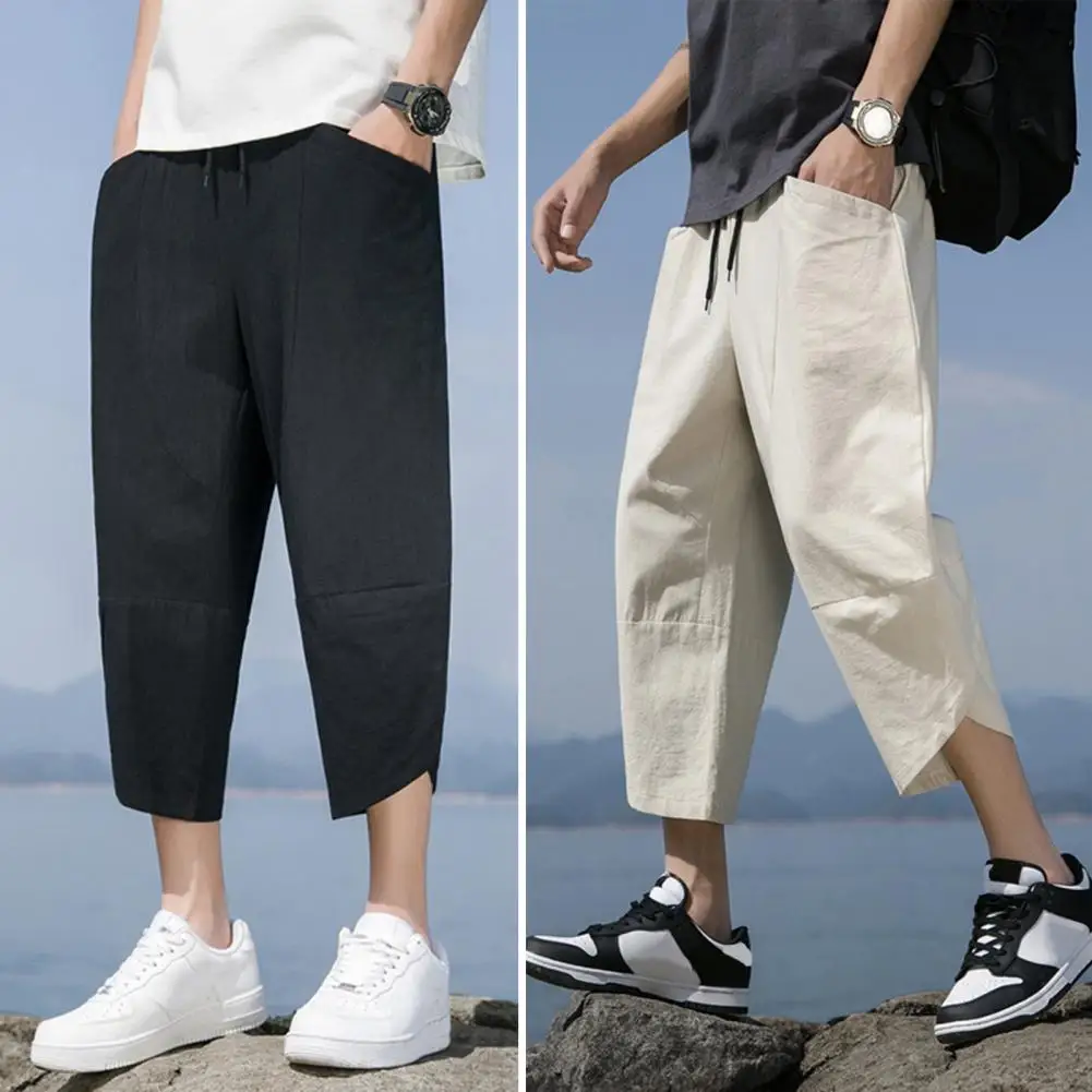 Casual Men Trousers Men's Casual Cropped Pants with Side Pockets Elastic Waist Drawstring Lightweight Solid Color for Gym