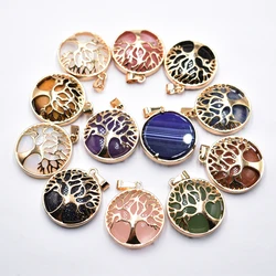 Wholesale 12pcs/lot fashion natural stone mixed gold color alloy tree of life Pendants for jewelry accessories marking free