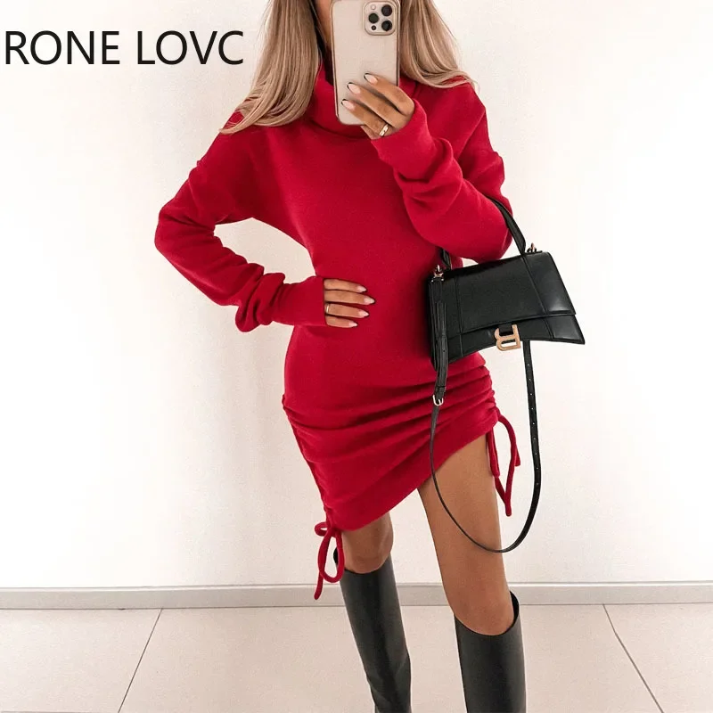 

Women Chic Solid Turtleneck Basics Long Sleeves Tape Shirring Straight Sweatshirt Dress Top