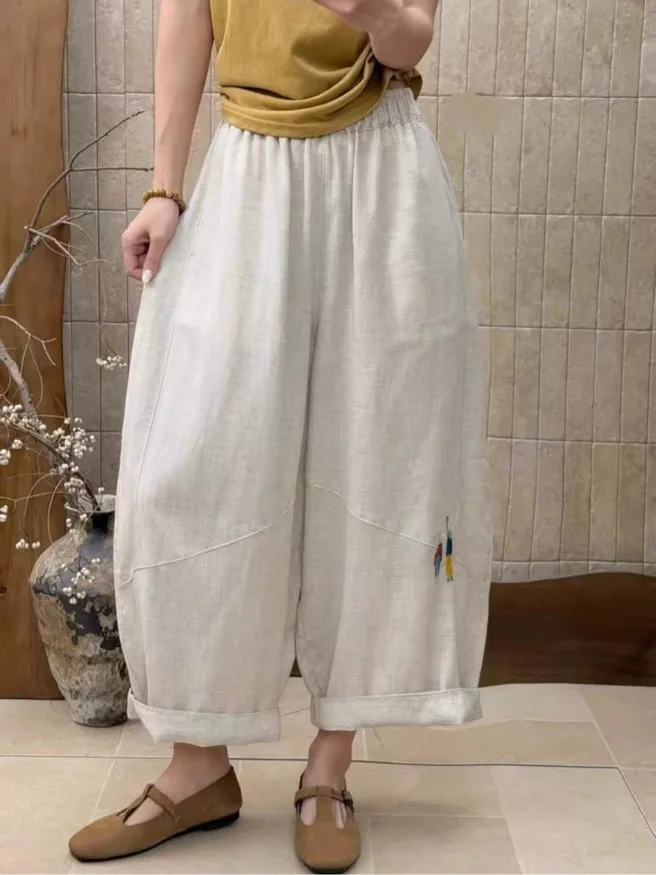 Simple Elastic Waist Creative Embroidery Wide Leg Pants Casual Bamboo Fiber Loose Fit Summer 2026 Ladies Straight Leg Trousers