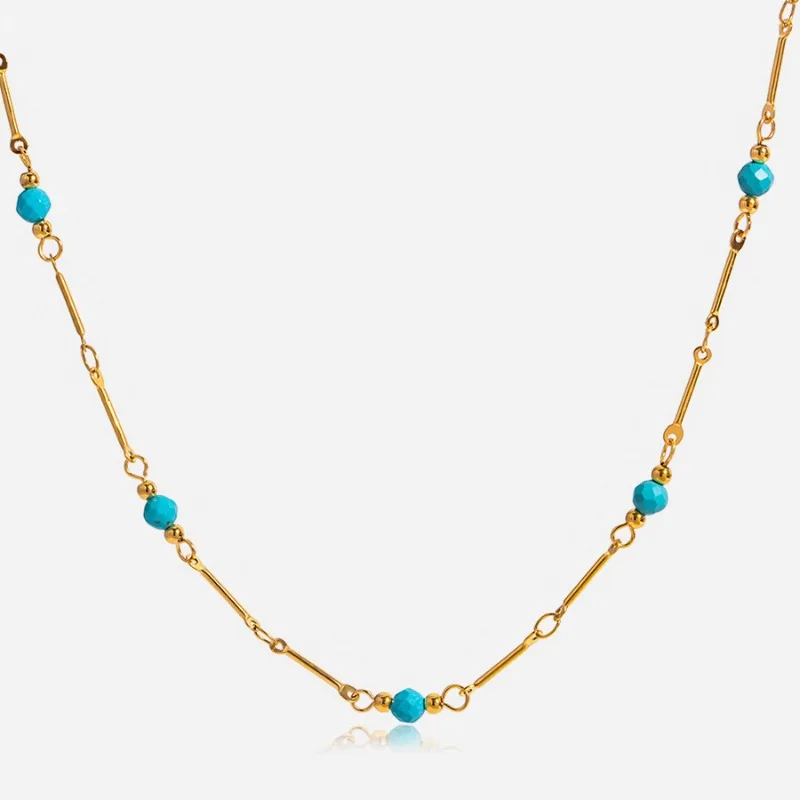 

Minar Trendy Blue Turquoise Natural Stone Beads Pendant Necklaces for Women Titanium Steel 18K Gold PVD Plated Waterproof Choker