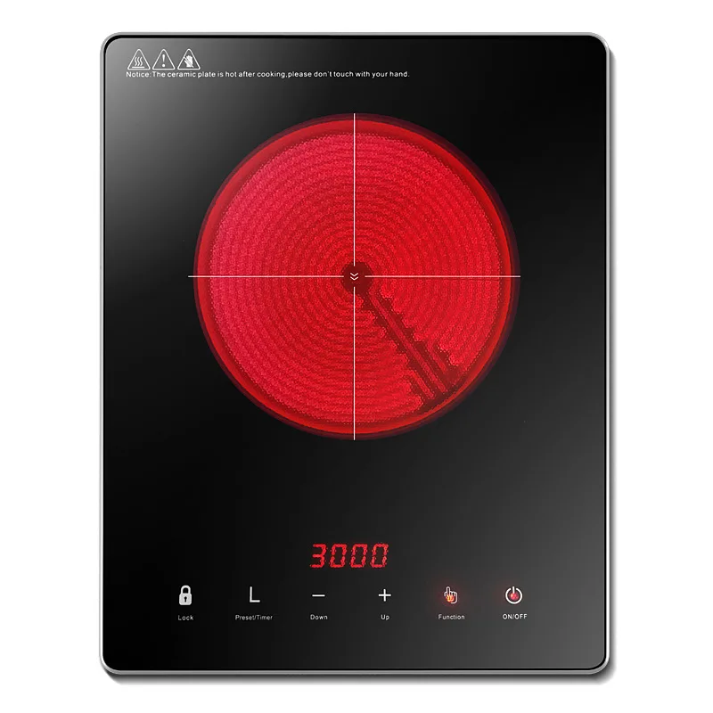 Fogão cerâmico doméstico 3000w, fogão de indução embutido, 24 horas de cronometragem, borda de pacote de metal, máquina de cozinhar