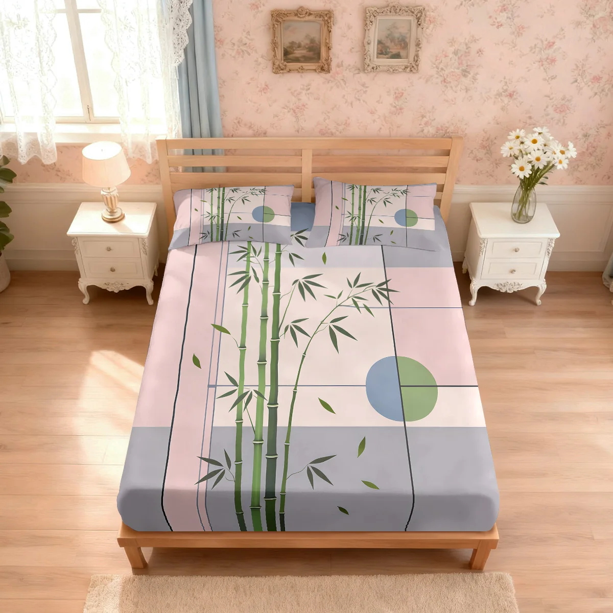 3pcs Green Bamboo Printed Coreless Bed Sheet Set In Multiple Sizes, Soft Bed Cover, Bedroom Bedding Decoration, Machine Washable