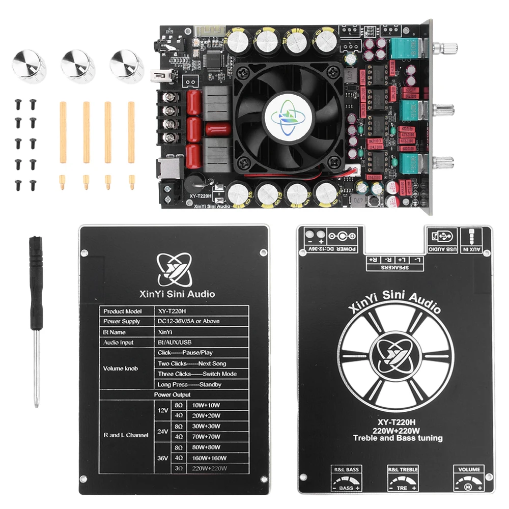 高周波調整付きオーディオアンプボード、デュアルチャネルステレオ、XY-T220H、dc 12-36v、8a、220w x 2発熱レベルbt、tpa3251