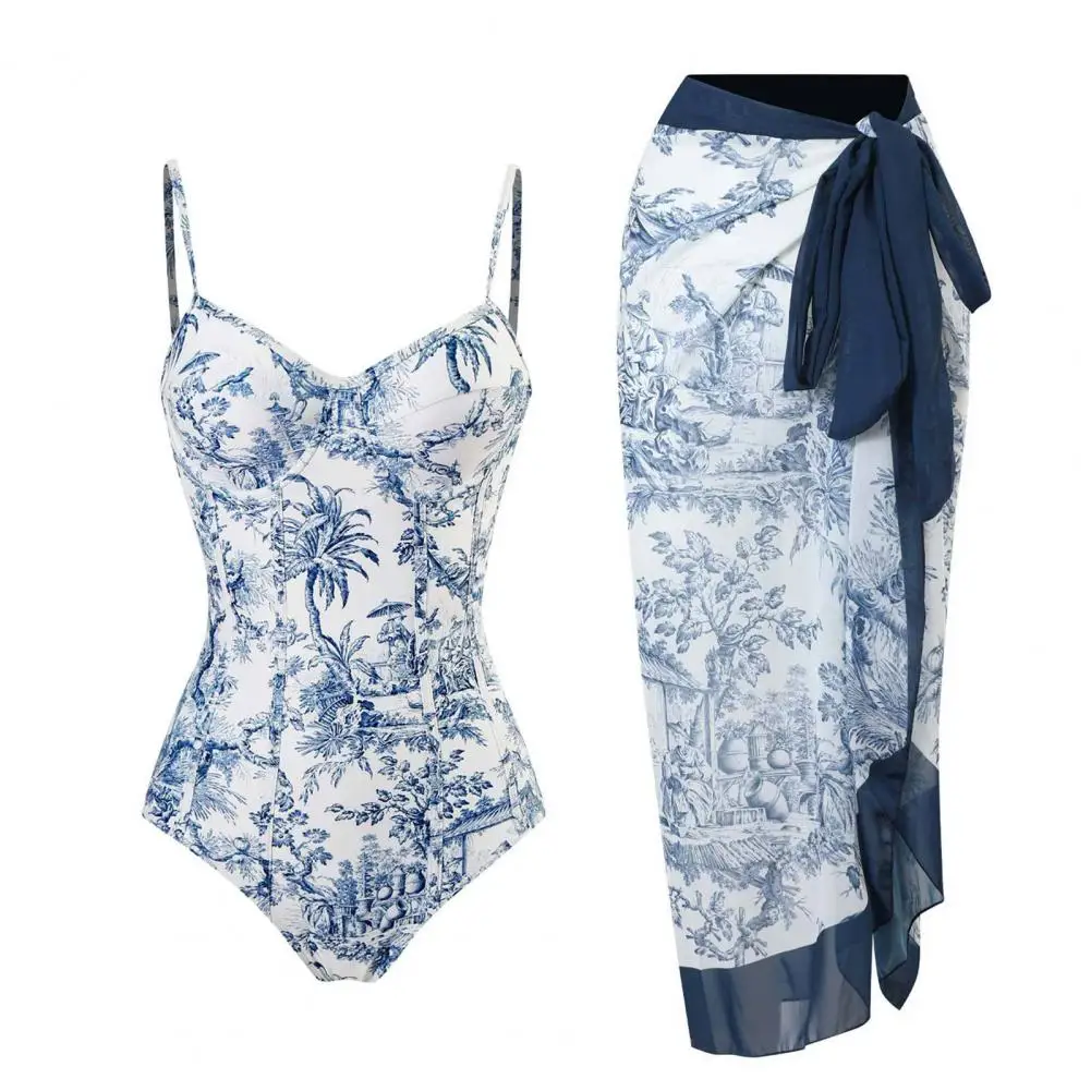 Sling Monokini with Skirt Set Floral Printed Women's Bikini Set with Ruffle Detail Lace-up Cover Up Sexy Beach for Summer