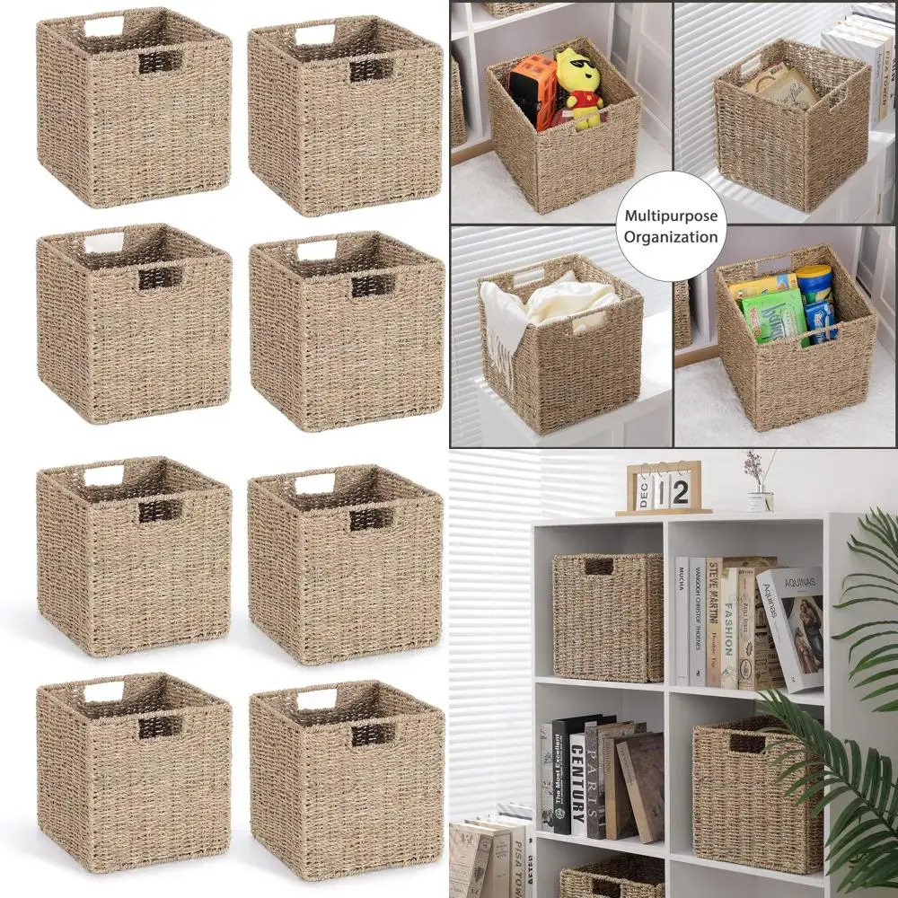 

Set of 4 Foldable Seagrass Storage Baskets, 10.5 Cube Woven Baskets for Shelves and Decor
