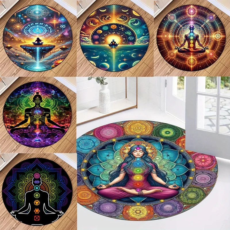 Chakra Round Mat Mandala Design for Meditation Yoga Ideal Bedrooms Game Areas Spiritual Home Living Room Nonslip Backing Decor