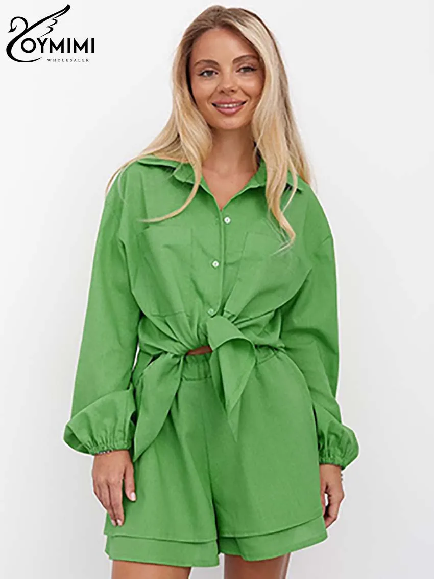 

Oymimi Elegant Green Cotton 2 Piece Sets Women Outfit Fashion Long Sleeve Button Pockets Shirts And High Waist Shorts Female Set