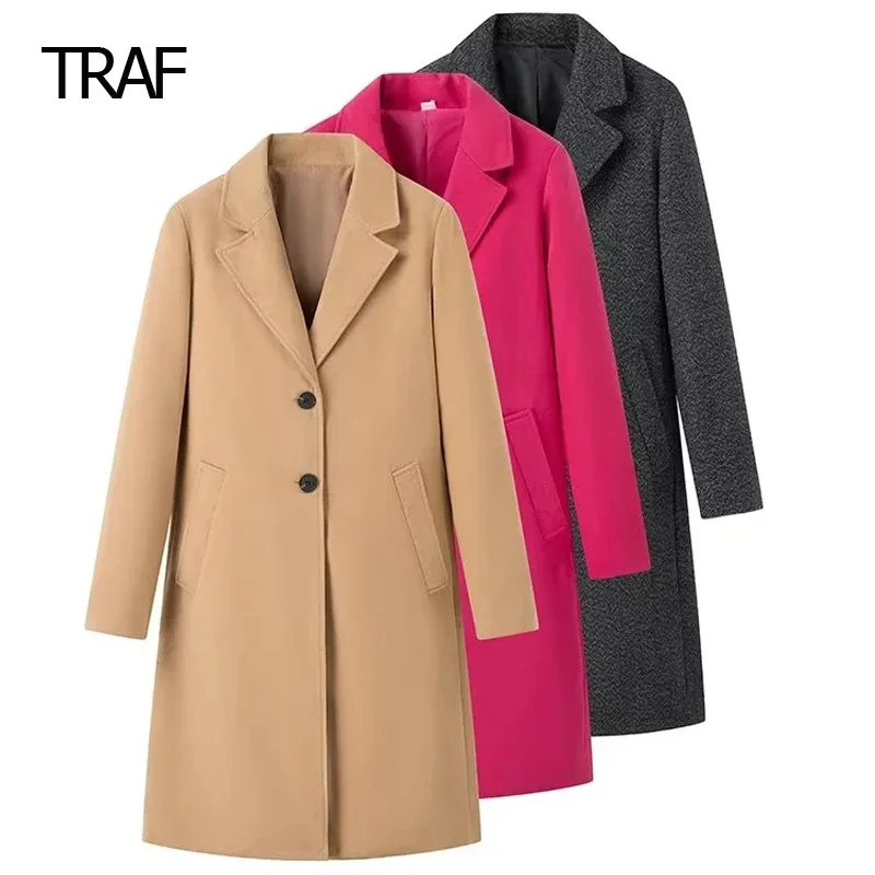 

TRAF Woman's Coat Autumn Winter Tweed Long Coat Wool And Blends Coats Lapel Collar Long Sleeve Top Elegant Woman Coats Luxury