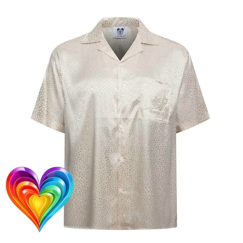 

Men's Clothing Satin Leopard Jacquard Pockets Embroidery Label Short Shirt Soft Blouse Smooth Glossy Sagging Casual Shirt