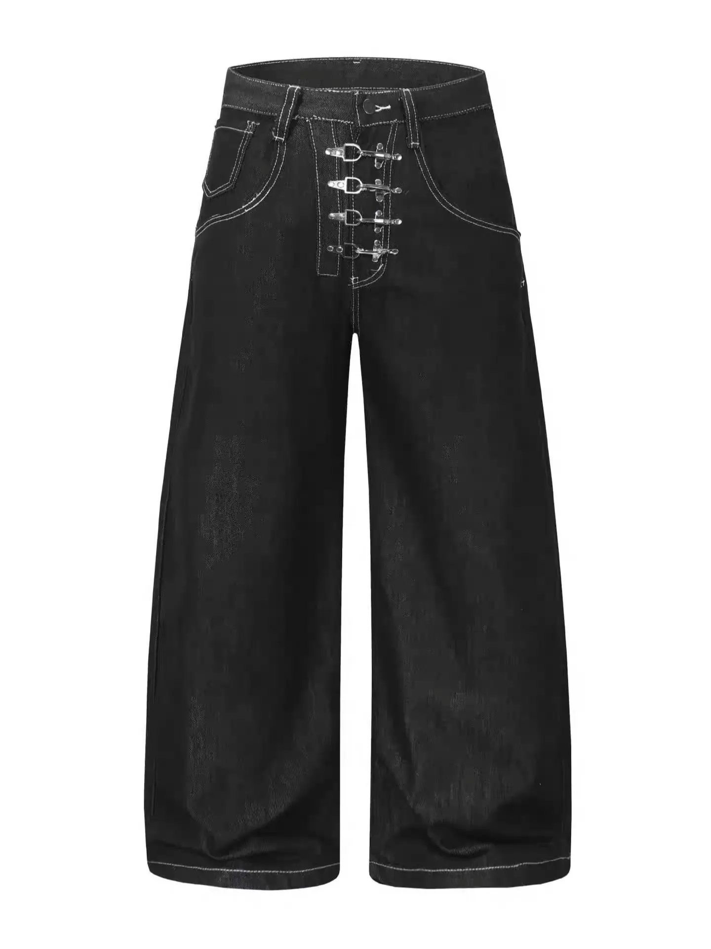 Retro American Design Washed Denim Pants Loose Wide Leg Street Style Spring Autumn Unisex Jeans Aircraft Buckle Casual Trousers