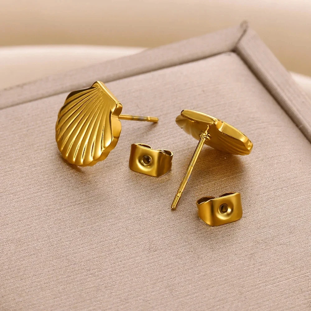 Stainless Steel Shell Stud Earring For Women Gold Color  Vintage Shell Piercing Earring 2024 Trend Wholesale Ocean Jewelry Gift