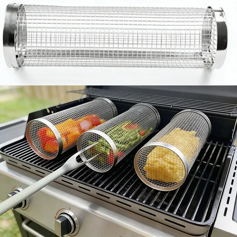 Cesta de Asado Redonda Portátil de Acero Inoxidable, Rejilla de Barbacoa de Malla Metálica para Acampar y Hacer Picnic al Aire Libre