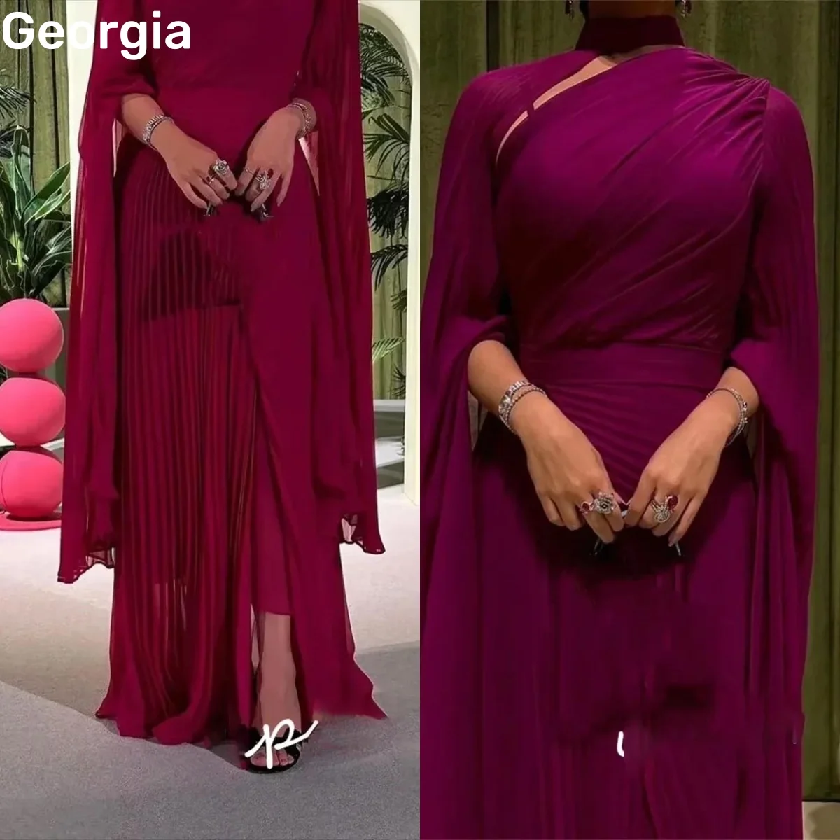 

Chiffon Luxury Evening Dresses Ruffle Scoop Neckline Customize Elegant Dresses For Women Floor-Length Zipper Long Sleeves Prom