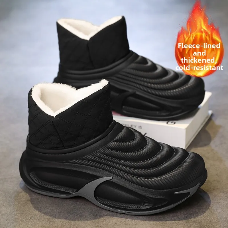 メンズ冬用厚手フリース裏地付きスノーブーツ防水暖かいレザーファー一体型ショートチューブブーツ韓国スタイルユースファッション