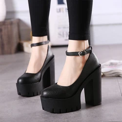 Gdgydh Women's Platform Chunky High Heels Ankle Buckle Strap Round Toe Non Slip Dress Pumps Mary Jane Lolita Pumps Punk Style