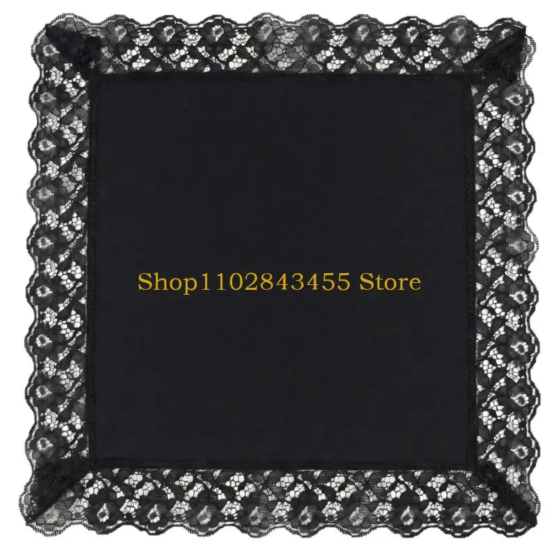 49MC Elegant Black Cotton Handkerchief With Delicate Lace Trim 45.5cm Square For Men Women