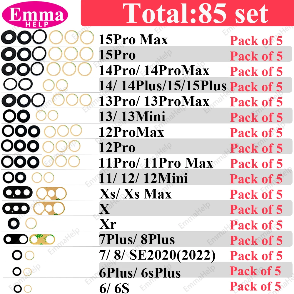 EmmaHelp 170Set to 34set Rear Camera Glass dla iPhone 13 Pro Max 12 15 14 8 Plus XS XR 11 Back Camera Lens Replacement Wholesale