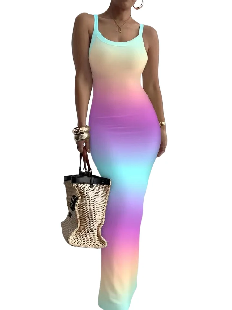 

Printed Slim Sexy Spaghetti Strap Long Dresses Women Fashion Trendy Y2k Sleeveless Solid Skinny Bodycon Maxi Vestidos Summer New