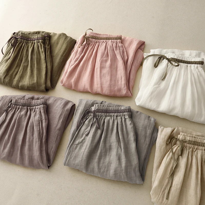 Zomer dunne Harlan damesbroek losse katoenen linnen cargobroek wijde pijpen casual broek dubbellaagse lantaarnbroek