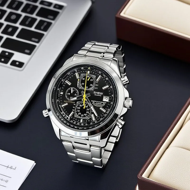 SHBW Luxus-Quarzuhr für Herren, 30 m wasserdichte Automatik-Armbanduhr, runde Uhr mit leuchtendem Kalender, Edelstahlarmband