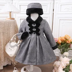 2024 Winter New Girls Dress Long Sleeve Woolen Patchwork Gray Cute Designer Girls Princess Dress Vestido 4-7T