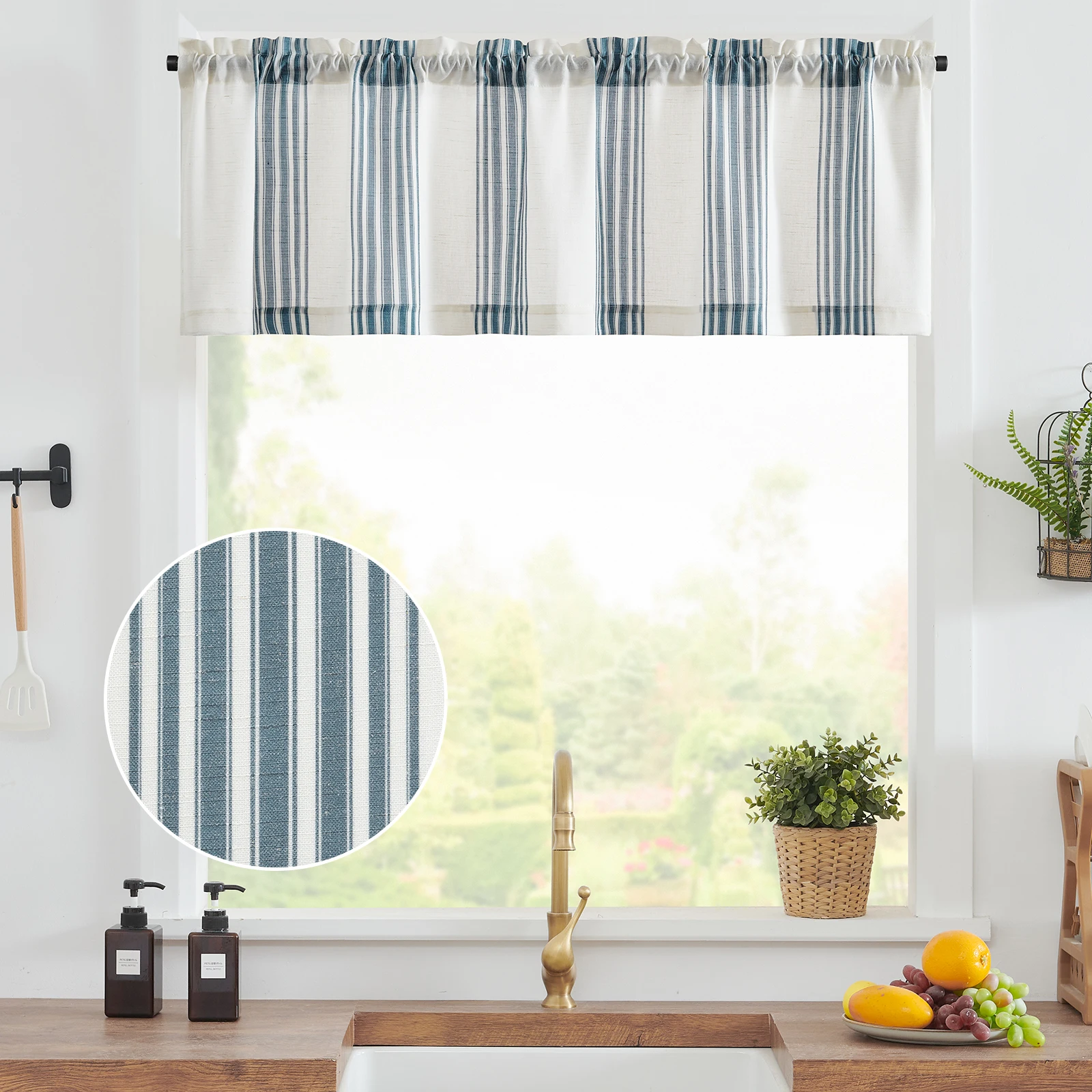 JINCHAN Striped Linen Valance Curtain Rustic Semi Sheer Short Window Curtain For Kitchen Living Room Bathroom Rod Pocket Valance