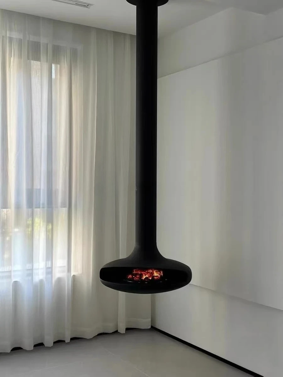 Modern Matt Black Indoor Bio-ethanol Fireplace Suspended Real Fire Pellet For Hotel Villa Wall-mounted Alcohol Hanging Living