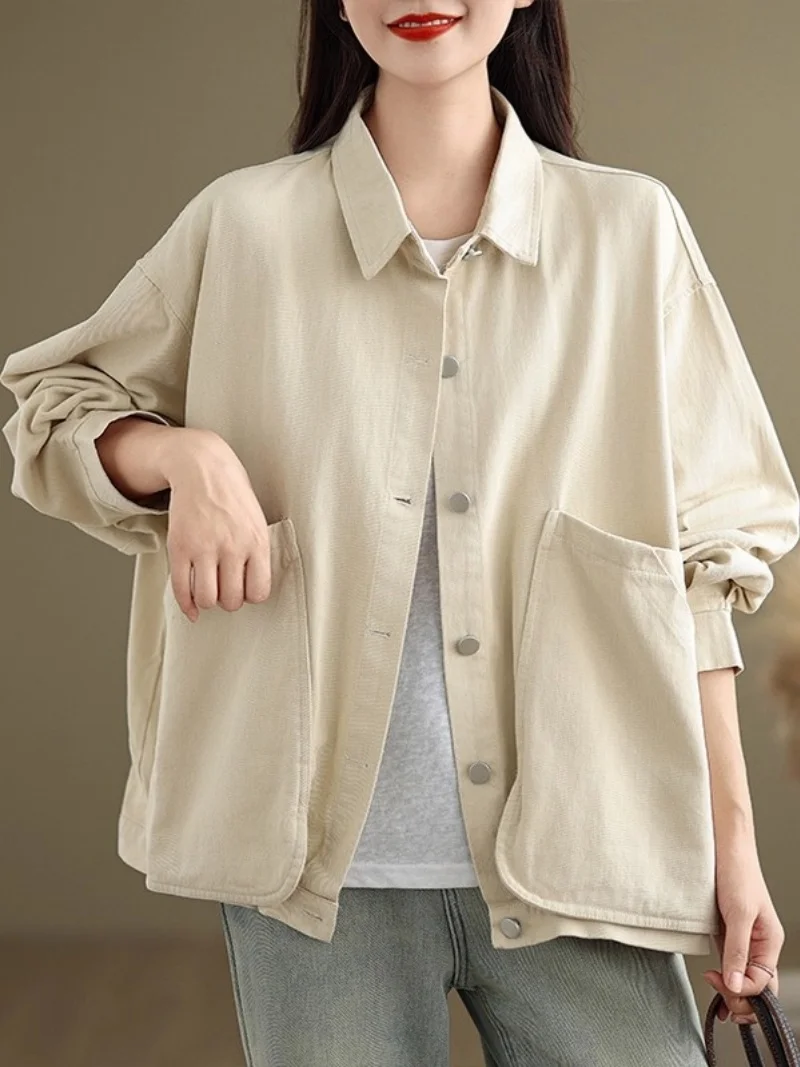 

Leisure Workwear Jacket For Women Spring And Autumn 2025 New Loose Fit Big Size Design Retro Large Pocket Cotton Top w565