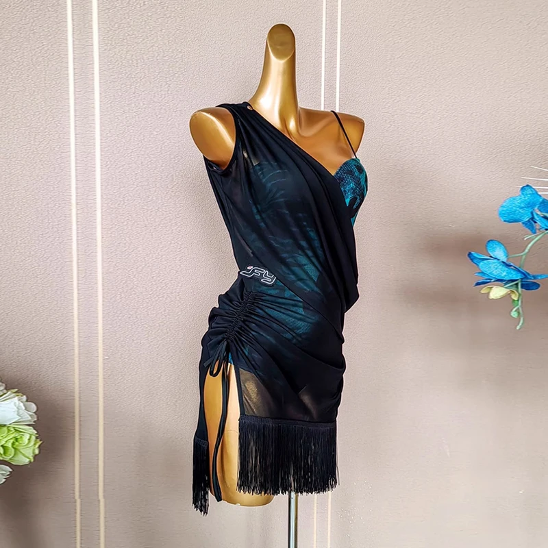 النساء اللاتينية ملابس الرقص يوتار ارتداءها شبكة سوداء سموك فستان تشا تشا سامبا الرقص ممارسة الزي راقصة ملابس تدريب 3363