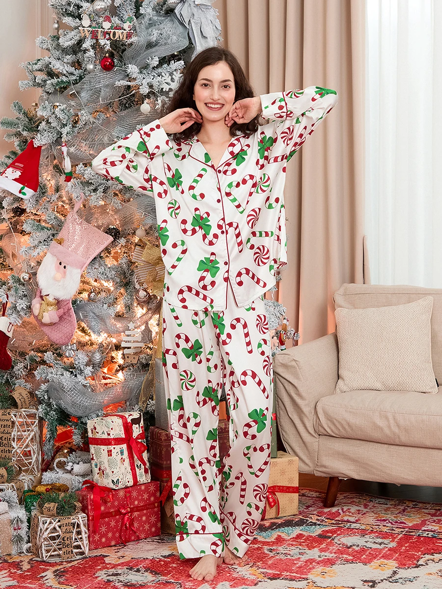 Women s Christmas Pajama Set Reindeer Print Long Sleeve Shirt with Matching Pants Sleepwear Loungewear for Winter Festivities