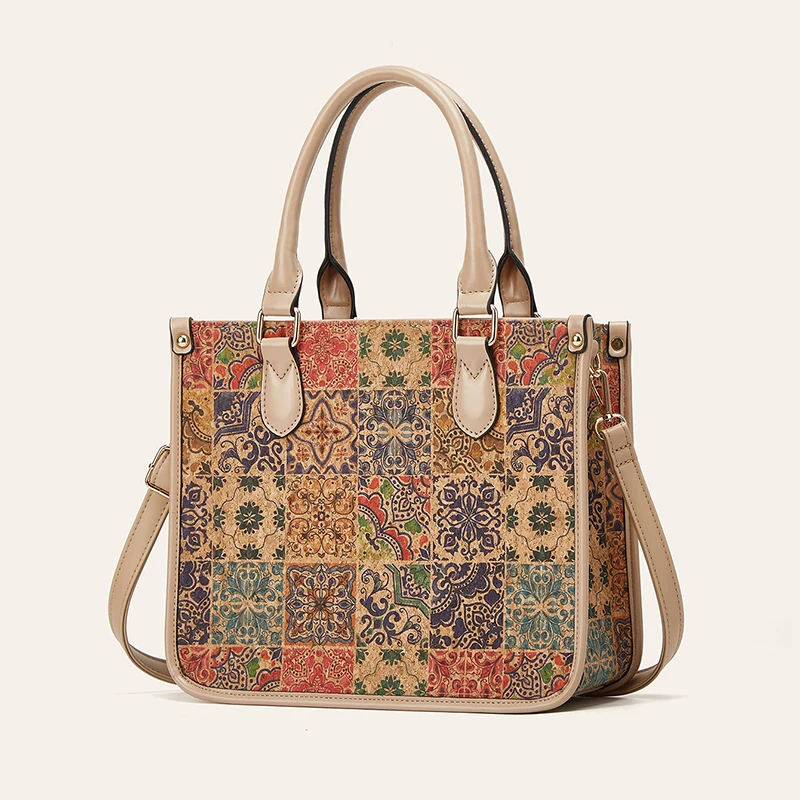 

Crossbody Bags Retro Cork Leather Colorful National Printing Large Capacity Totes