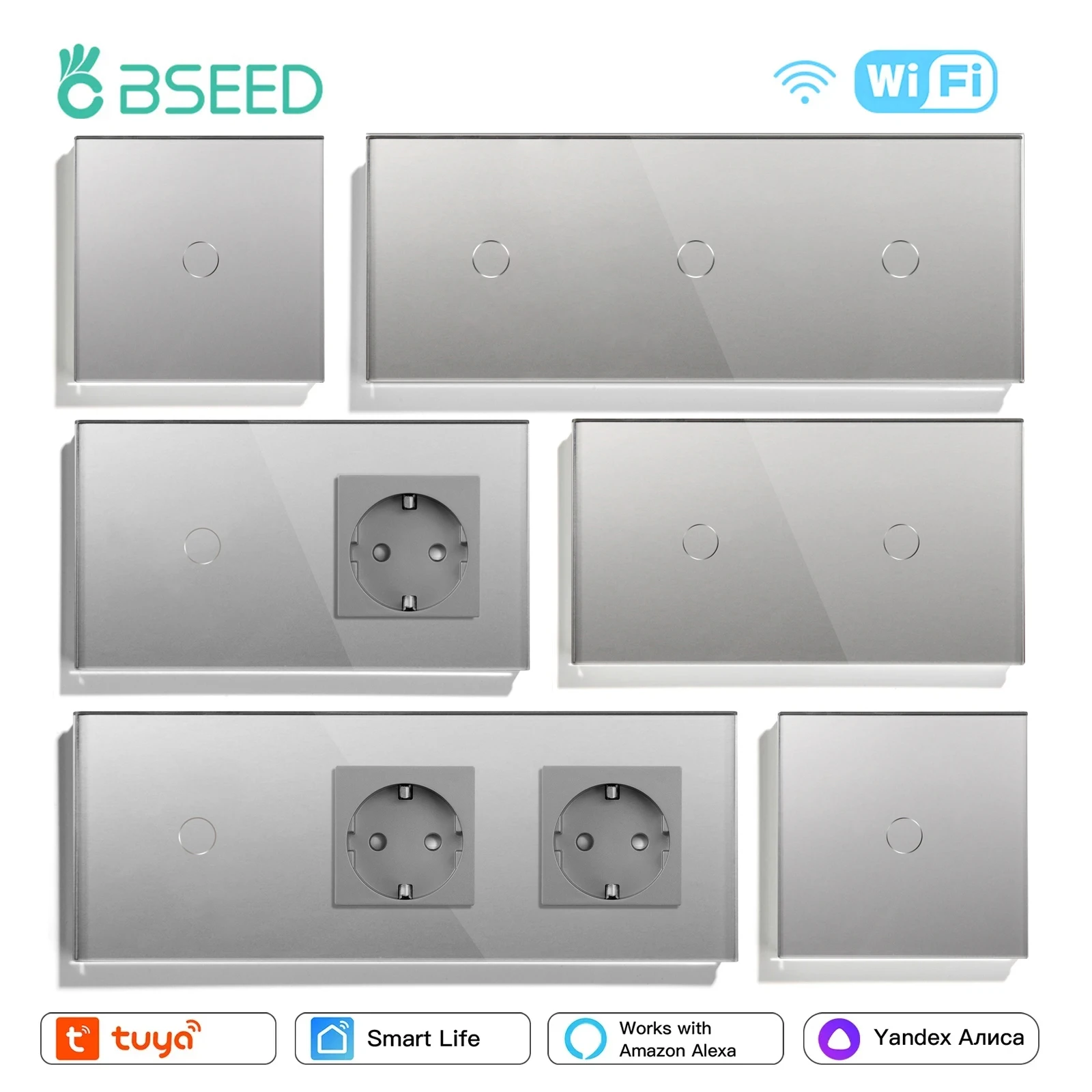 

BSEED Wifi Smart Touch Switches 1/2/3Way For Stairs Plus Normal EU Wall Sockets Tuya Smart Life Alice App Control Gray Series