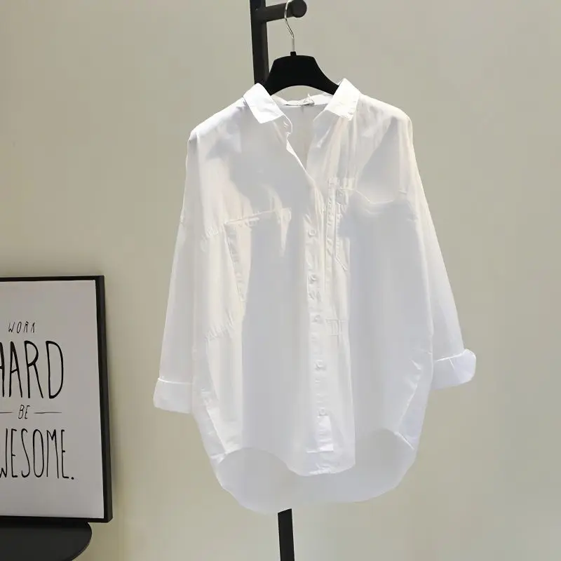 

Korean Casual Button Cotton White Women's Shirt Spring Long Sleeve Solid Loose Blouses and Shirts Office Lady Tops Blusas