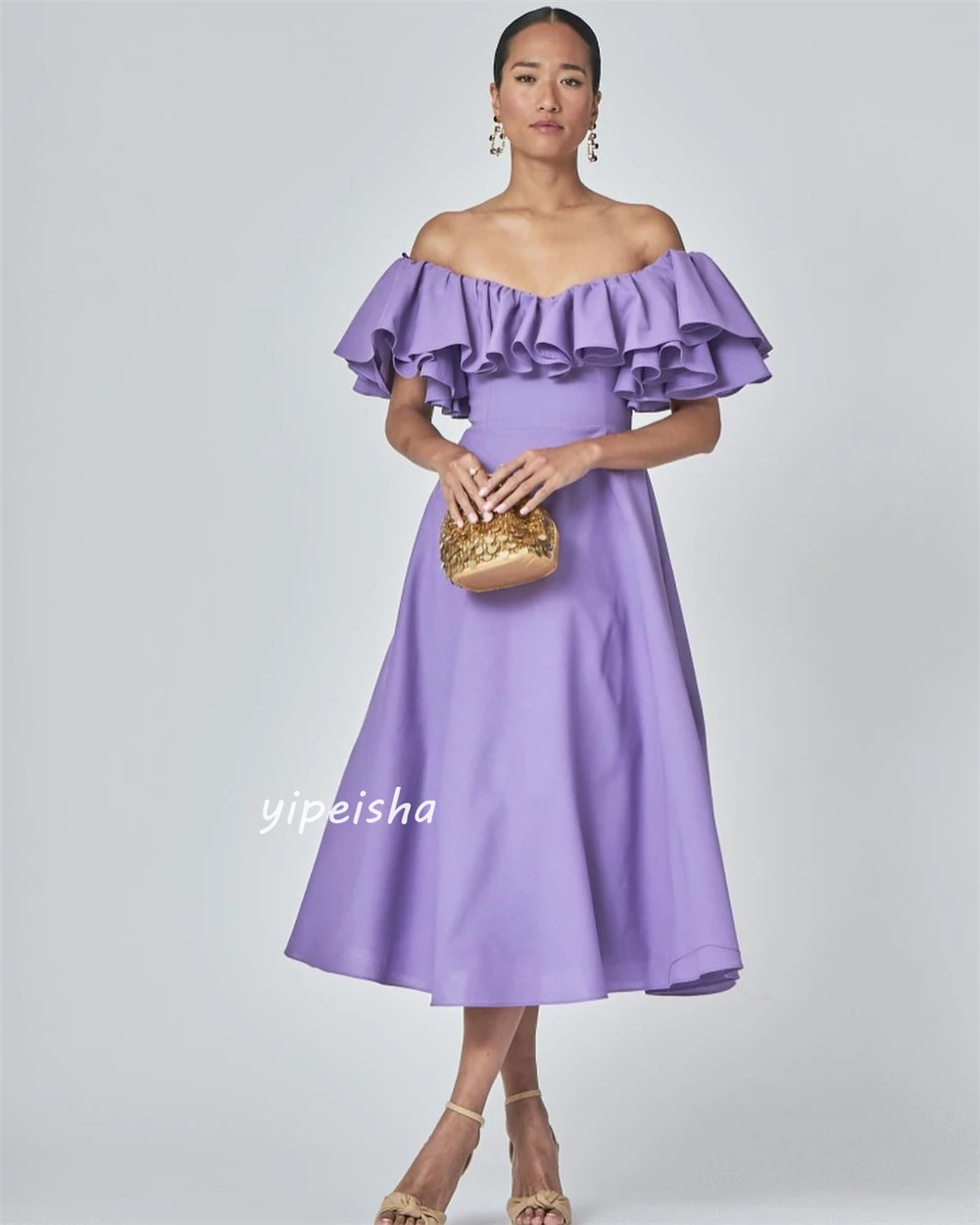 Gaun Prom malam Arab Saudi Jersey terbungkus Pleat Ruched pantai A-line Off-the-shoulder Bespoke gaun acara gaun Midi