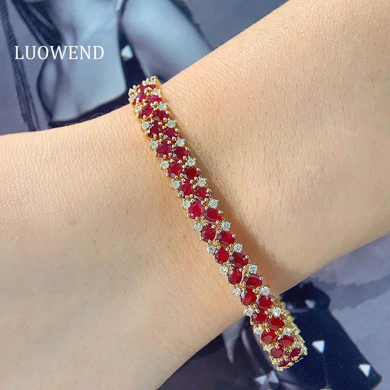 LUOWEND 100% 18K Yellow Gold Bracelet Luxury Elegant Design Shiny Diamond Natural Ruby Bracelet for Women High Gemstone Jewelry
