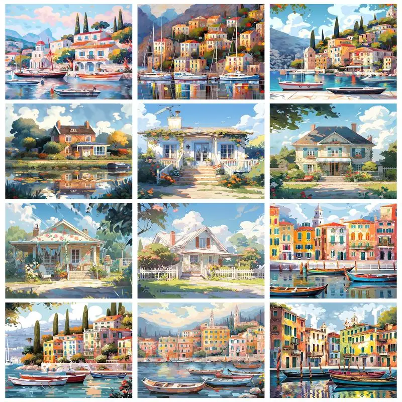 

RUOPOT Painting By Numbers For Beginner Kit Coastal Cities Landscape For Home Decors Artwork With Frame