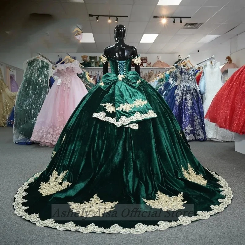 Vestido De quinceañera brillante verde oscuro con imagen Real, Apliques De encaje dorado, vestido De fiesta De graduación De princesa XV, 15 An