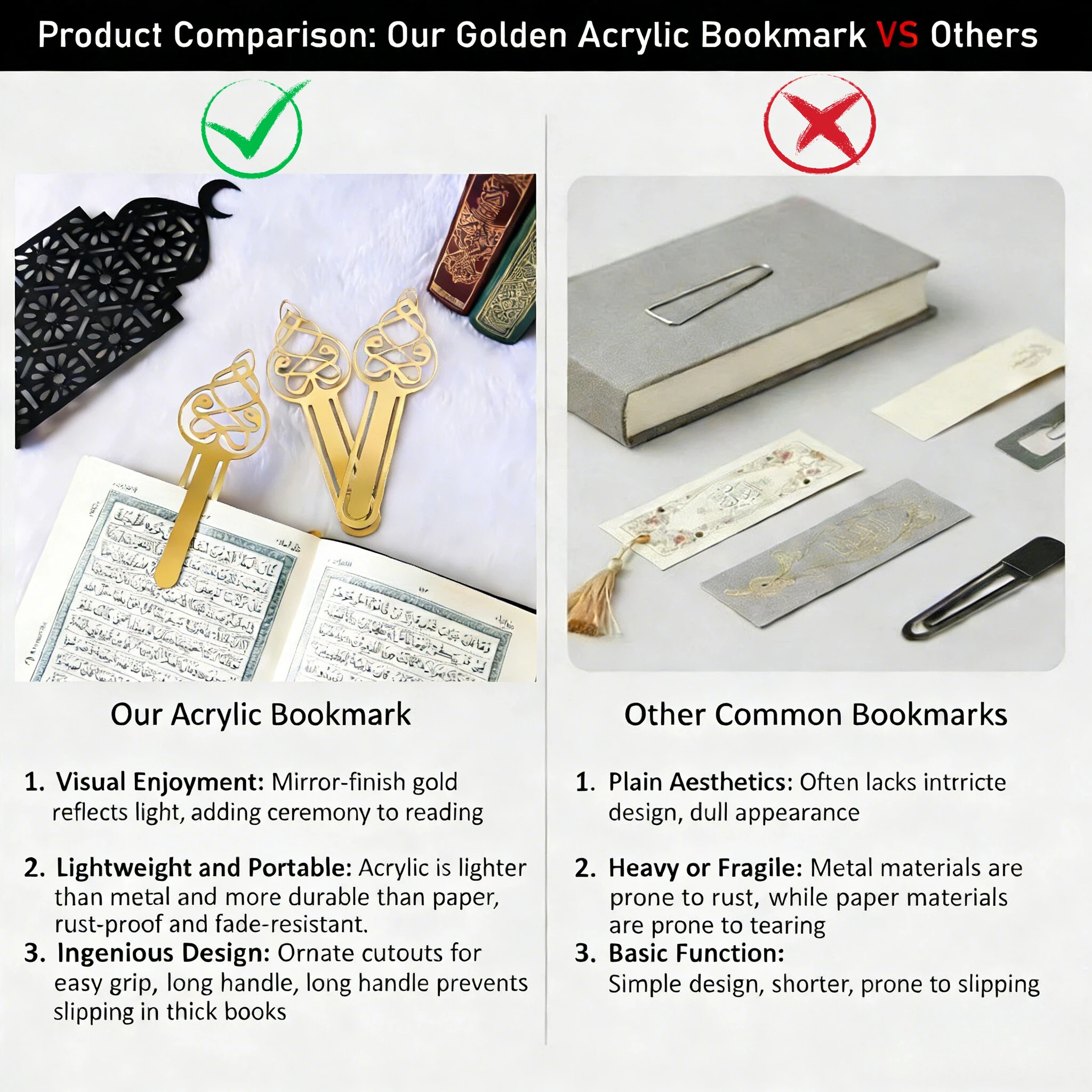 Arabic Calligraphy Bookmark Set - 3Pcs Modern Acrylic Hollow Islamic Quran Bookmarks for Back to School & Stationeries