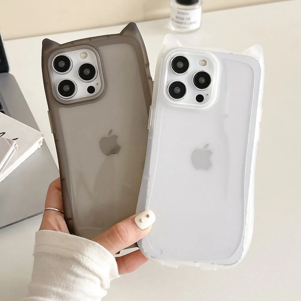 3D Cute Cartoon Cat Ears Funny Phone Case For iPhone 16 15 14 13 12 11 Pro Max Shockproof Cover Transparent Soft Matte Shell - náhled 3