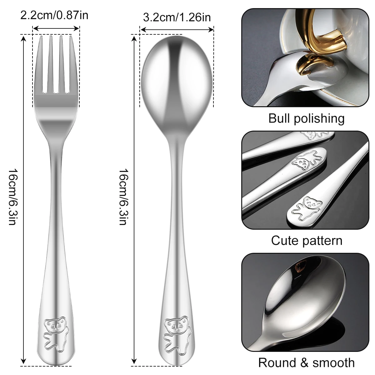 10Pcs Kids Fork and Spoon Set 410 Stainless Steel Kids Silverware Set Cute Cartoon Bear Kids Flatware Travel Cutlery Gift Set