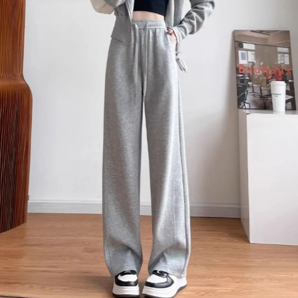 مريحة عالية الخصر السراويل المستقيمة بلون بسيط واسعة الساق السراويل الرباط السراويل عارضة السراويل النساء الربيع