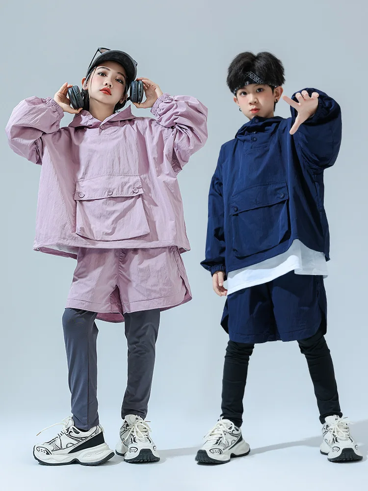 Kid Hip Hop Clothing Pink Navy Blue Hoodie Pullover Jacket Top Casual Wide Shorts for Girl Boy Jazz Dance Costumes Clothes Set