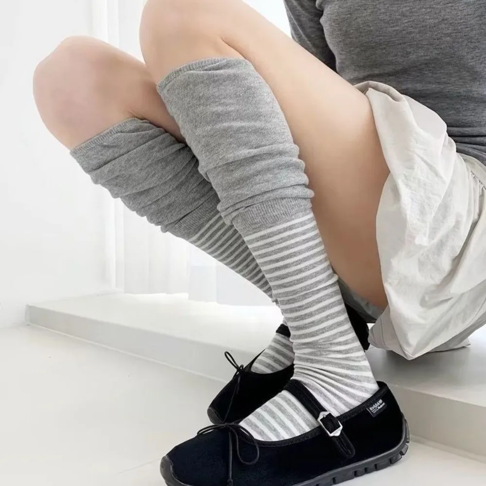 Slouch Style Over the Knee Socks Patchwork Design Striped Pattern Long Socks Knit Construction Soft Knit Patchwork Striped Socks