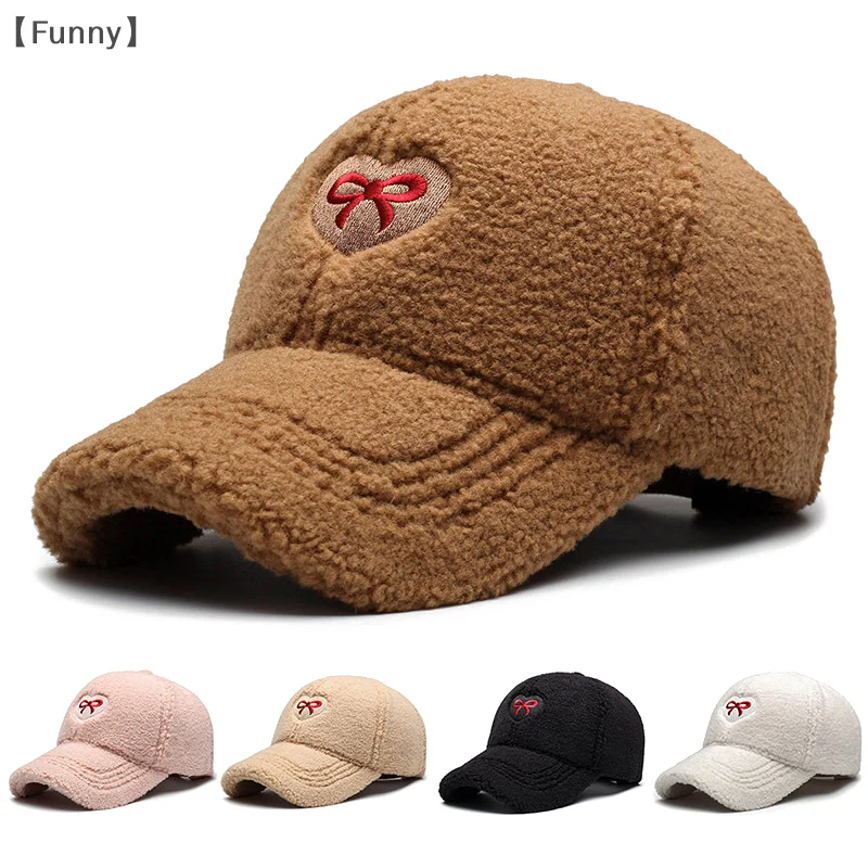 maveraFunny laço gorra de béisbol de lana de cordero mujeres invierno cálido espesar Anti frío gorra de pico de pato moda al aire libre versátil sombrero de camionero